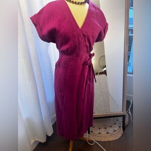 Mango Fuchsia Pink 100% linen midi wrap dress